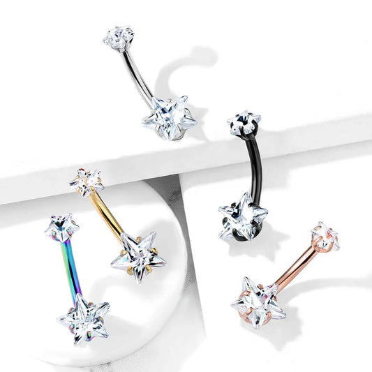 1pc Prong Set CZ Gem Double Star Internally Threaded Belly Ring Navel Naval