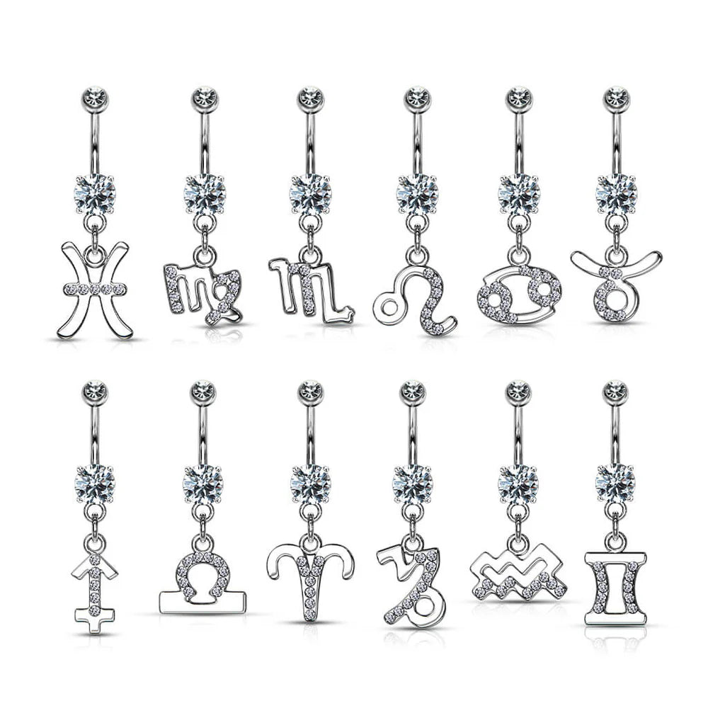Zodiac Sign Paved CZ Gem Belly Ring Pierced Navel Astrology 14g Surgical Steel