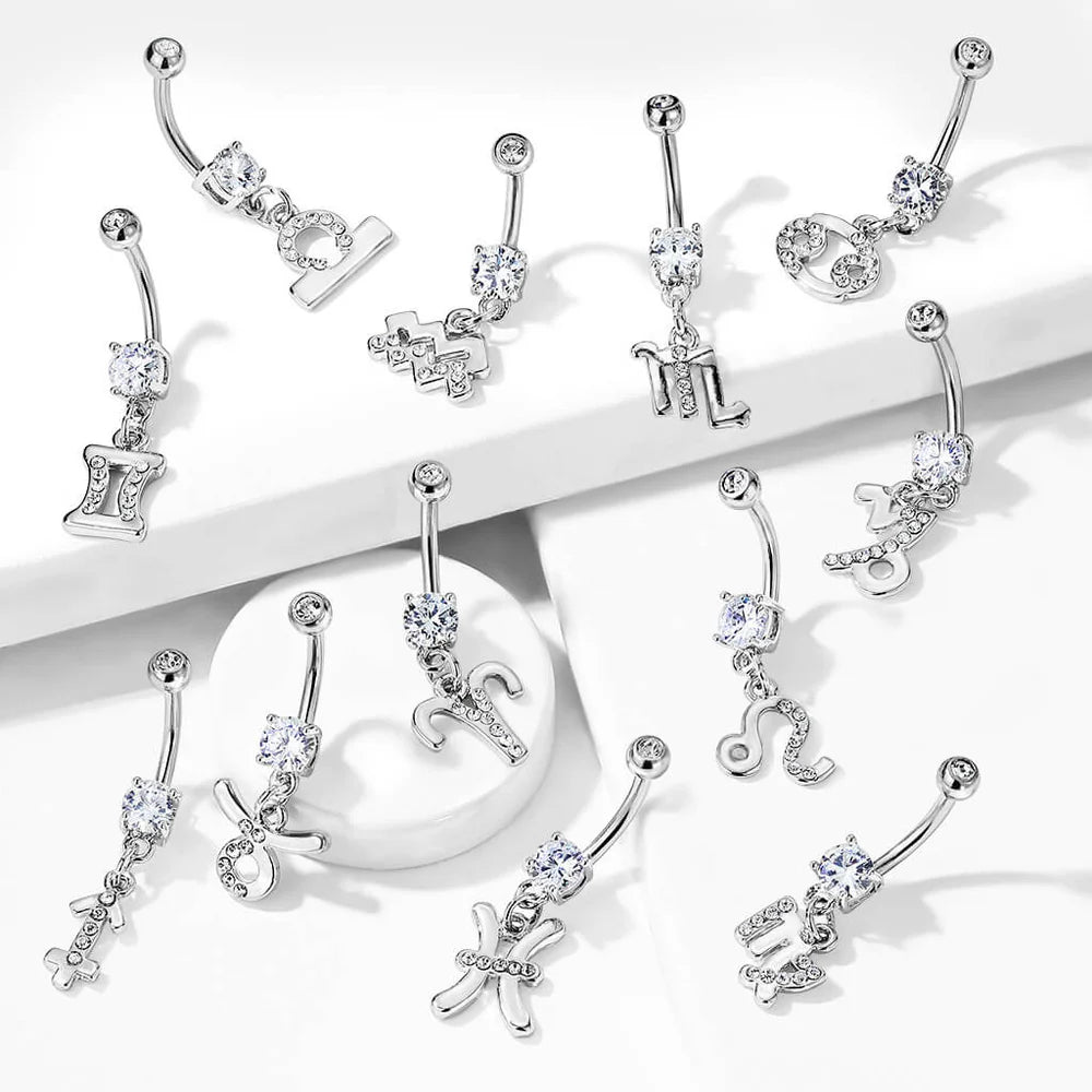 Zodiac Sign Paved CZ Gem Belly Ring Pierced Navel Astrology 14g Surgical Steel