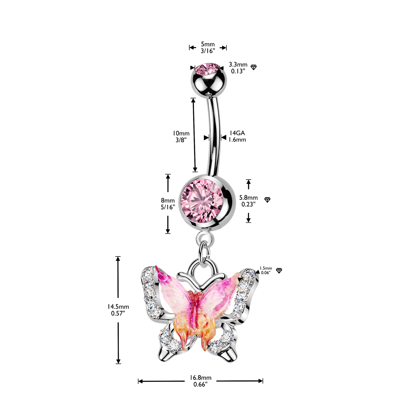 1pc Butterfly Double CZ Gem Belly Ring Navel Piercing Pierced Naval Body Jewelry