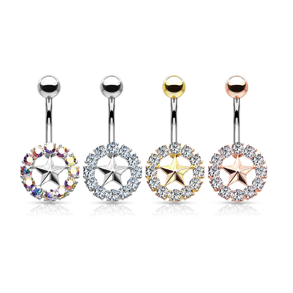 1pc Gem Surrounded Star Belly Button Ring Pierced Navel Gold Plated Naval