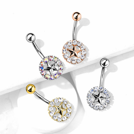 1pc Gem Surrounded Star Belly Button Ring Pierced Navel Gold Plated Naval
