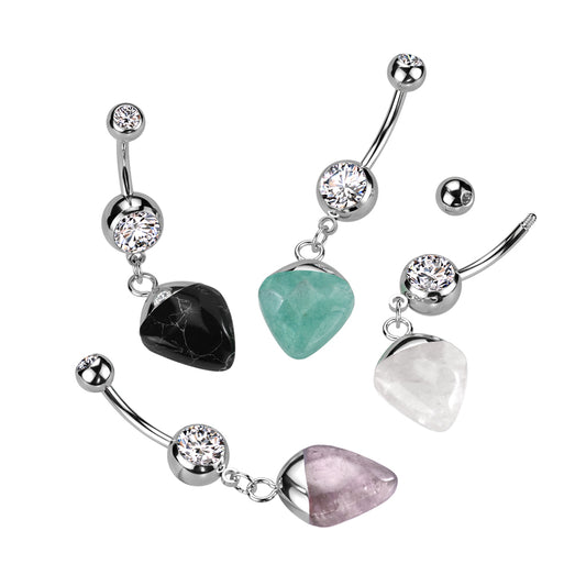 1pc Double Gem Stone Dangle Belly Ring 14g Navel Naval Curved Barbell 316L Steel