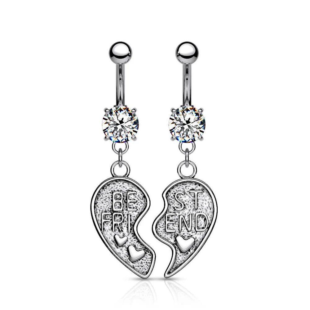2pc Set of Best Friends Heart CZ Gem Belly Ring Set Pair Navel Piercing Naval