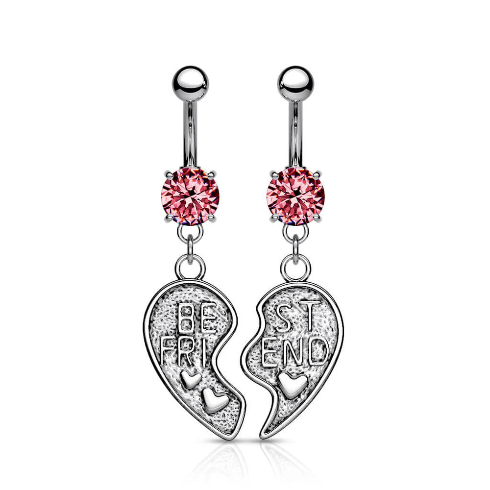 2pc Set of Best Friends Heart CZ Gem Belly Ring Set Pair Navel Piercing Naval