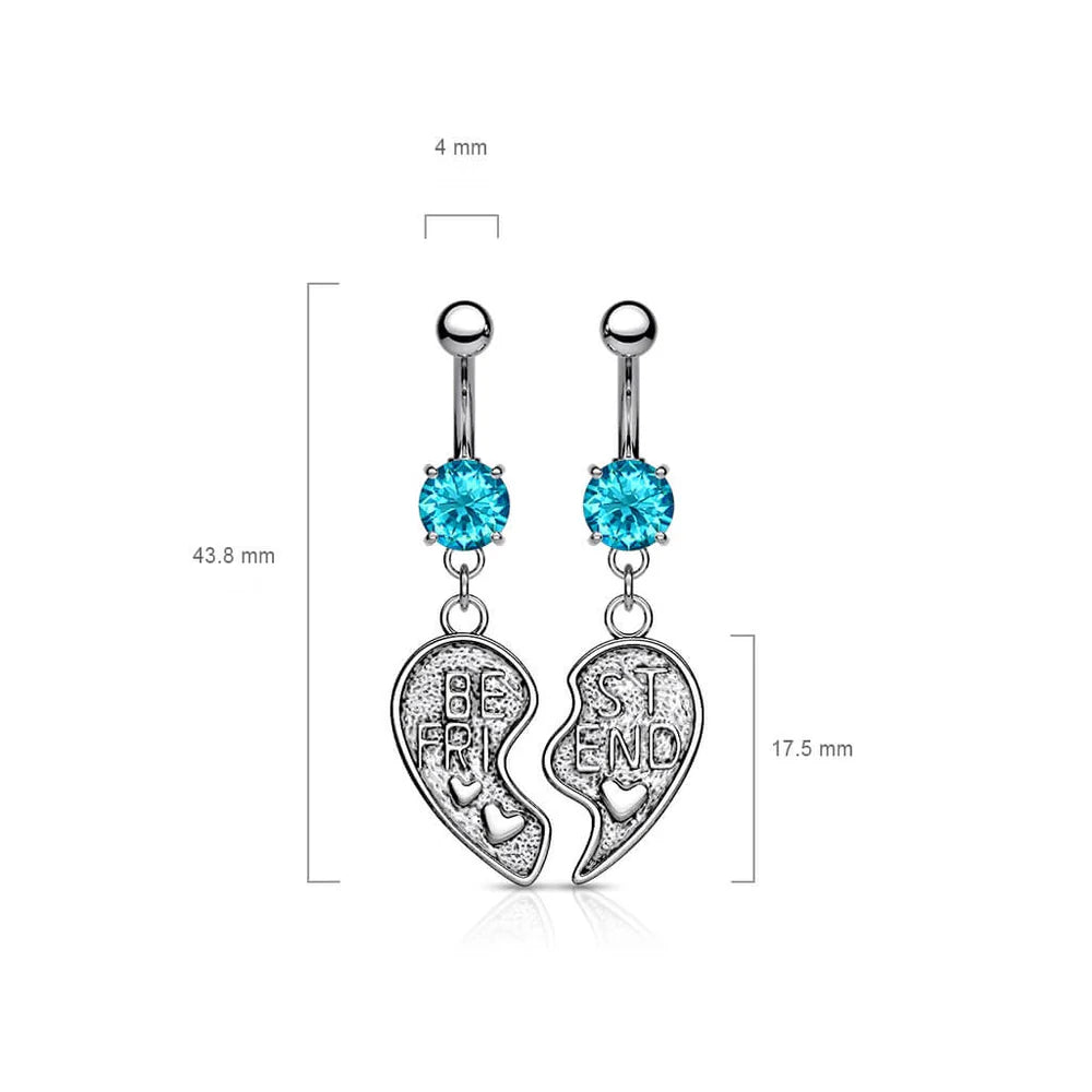 2pc Set of Best Friends Heart CZ Gem Belly Ring Set Pair Navel Piercing Naval