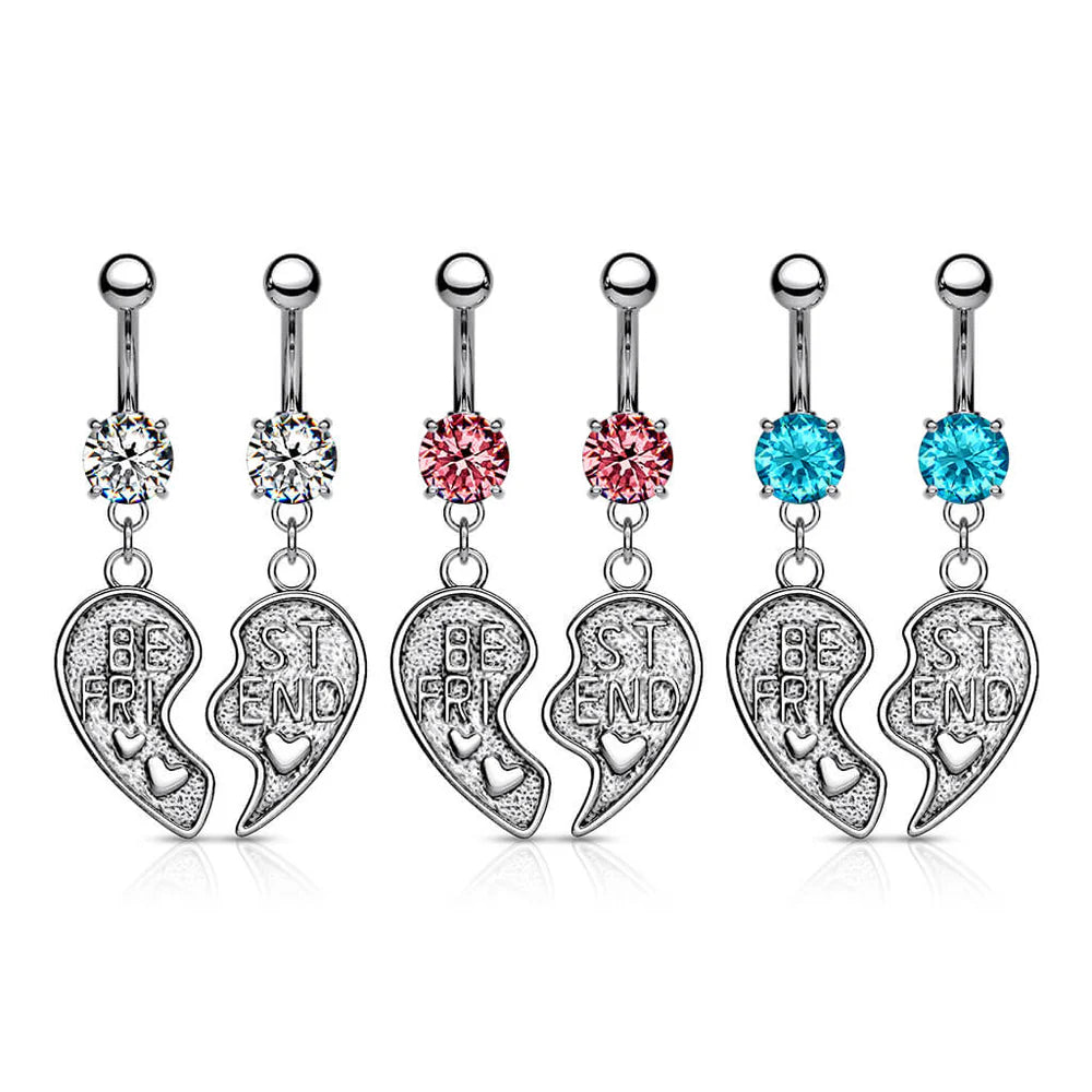 2pc Set of Best Friends Heart CZ Gem Belly Ring Set Pair Navel Piercing Naval