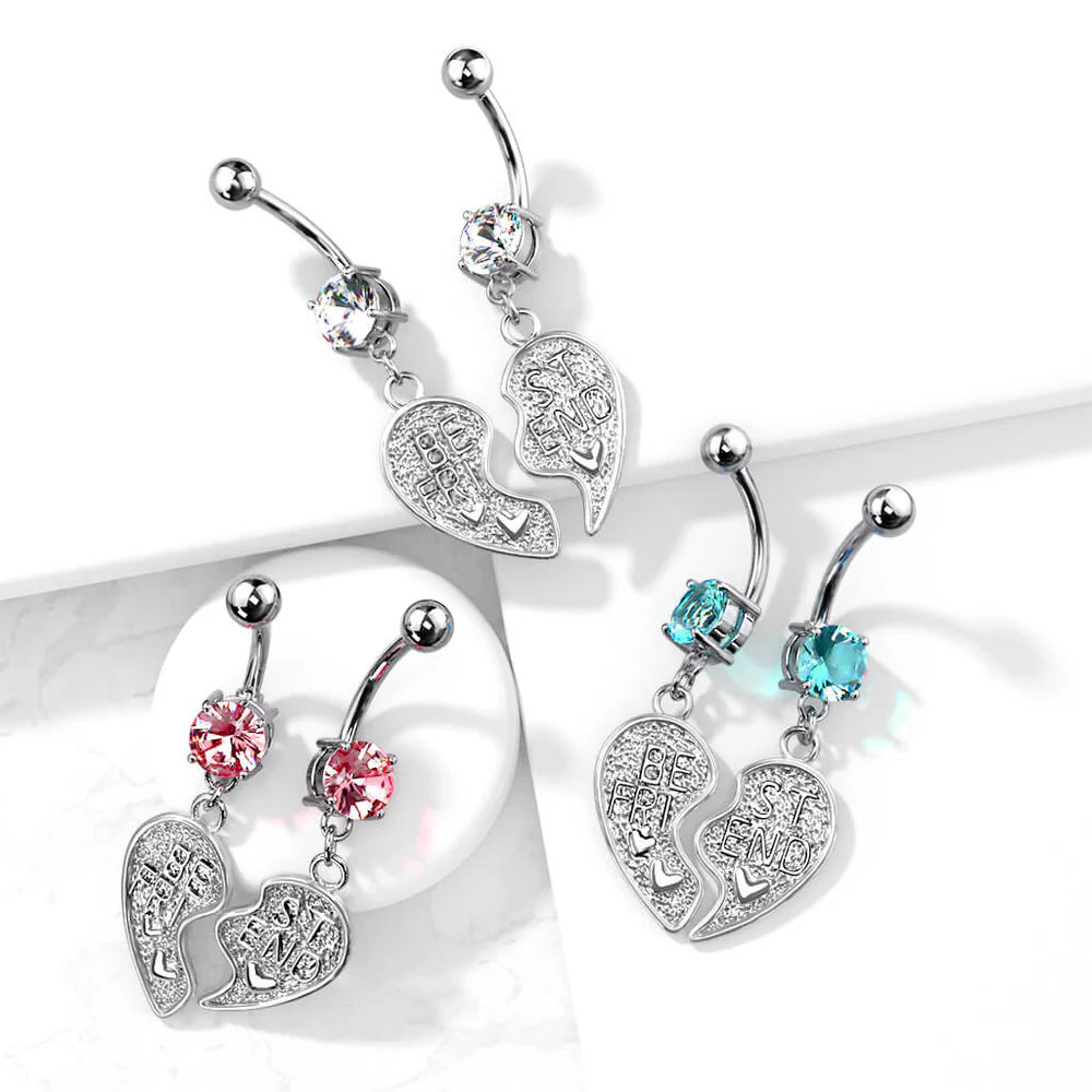 2pc Set of Best Friends Heart CZ Gem Belly Ring Set Pair Navel Piercing Naval