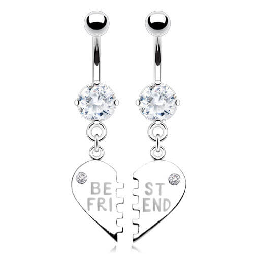 PAIR Best Friends Heart CZ Gem Belly Ring Set Navel Piercing Pierced Naval