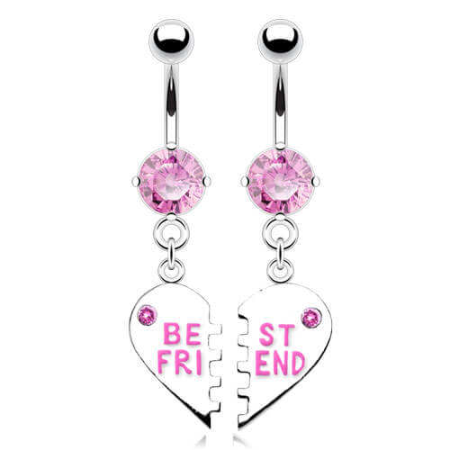 PAIR Best Friends Heart CZ Gem Belly Ring Set Navel Piercing Pierced Naval