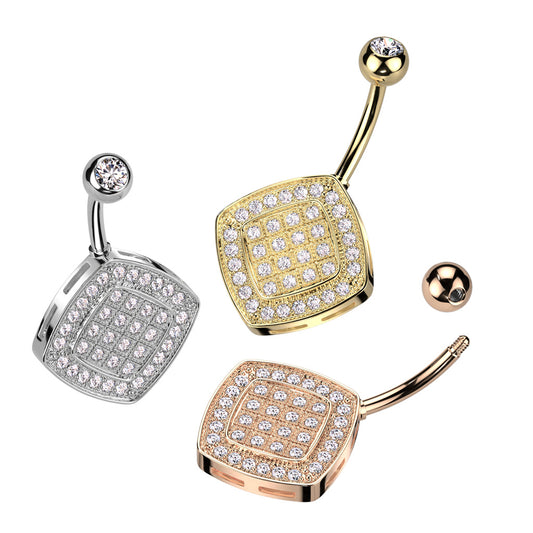 1pc Paved CZ Gems Square Belly Button Ring Pierced Navel Gold Plated Naval