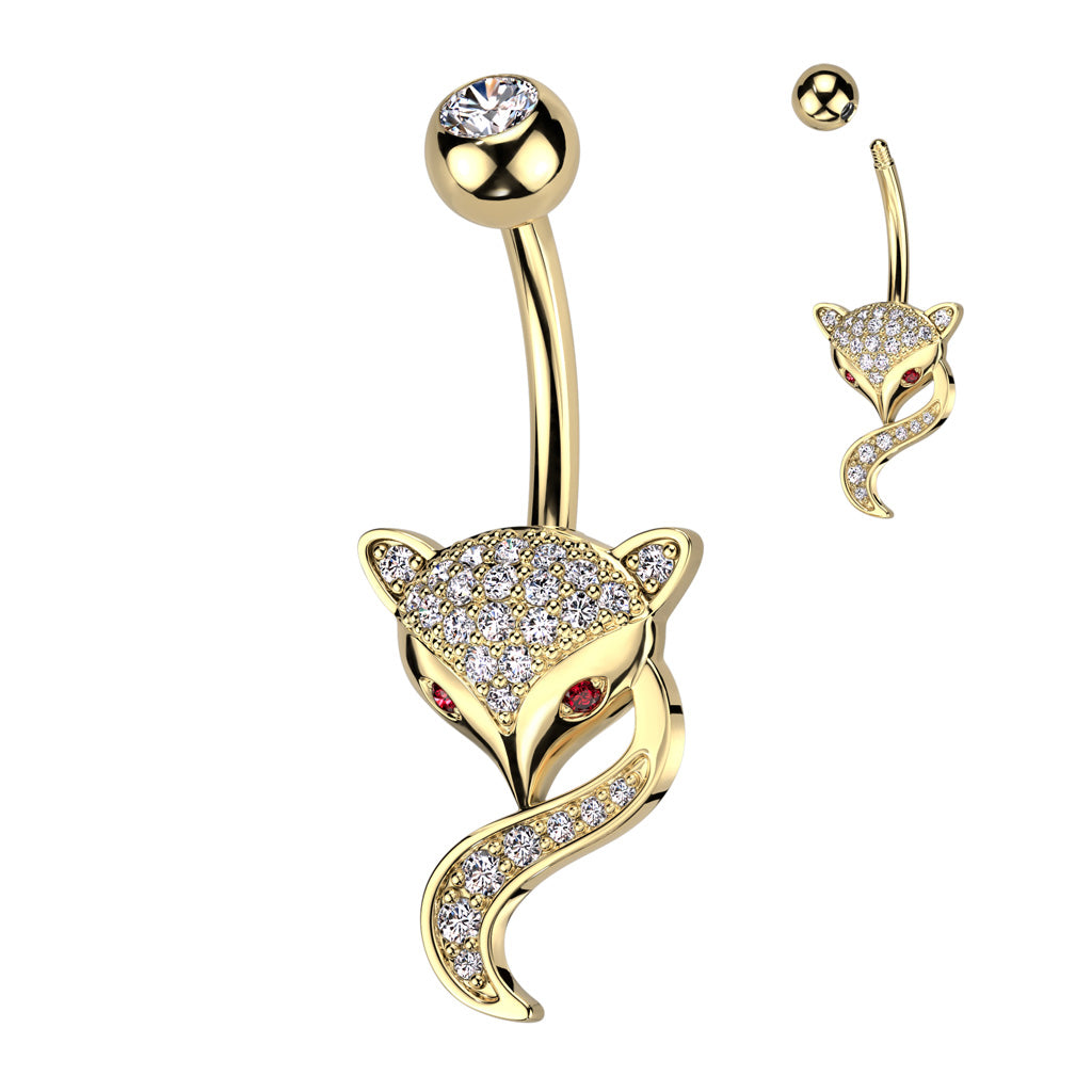 1pc Paved CZ Gem Fox Belly Button Ring Pierced Navel Gold Plated Naval