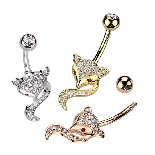 1pc Paved CZ Gem Fox Belly Button Ring Pierced Navel Gold Plated Naval