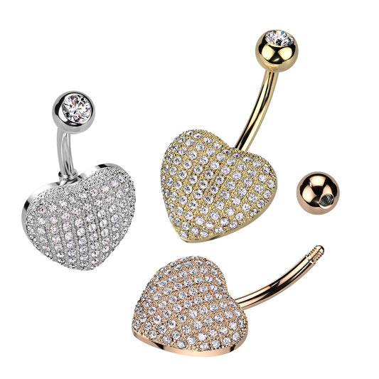 1pc Paved CZ Gems Heart Belly Button Ring Pierced Navel Gold Plated Naval