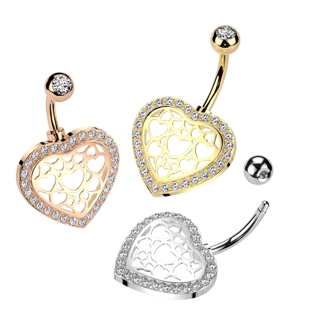 1pc Hollow Heart Pattern Center CZ Gem Belly Button Ring Pierced Navel Naval