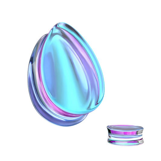 PAIR Mermaid Iridescent Glass Tear Drop Double Flare Plugs