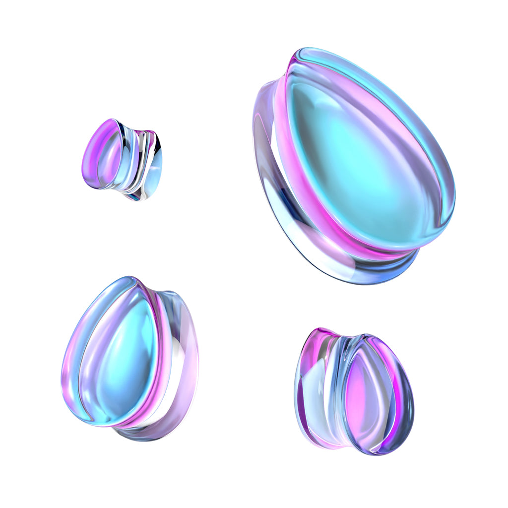 PAIR Mermaid Iridescent Glass Tear Drop Double Flare Plugs