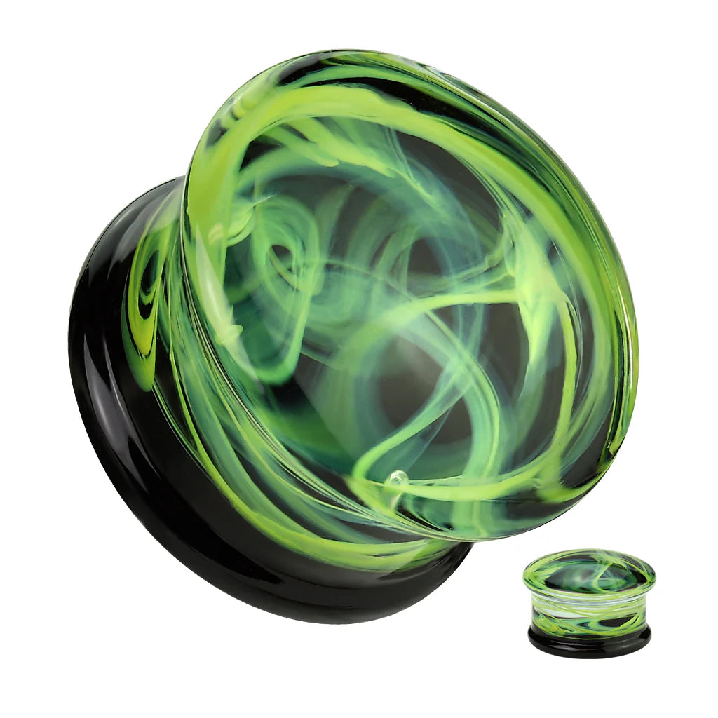 PAIR of Green Swirling Smoke Style Pyrex Glass Double Flare Plugs Body Jewelry