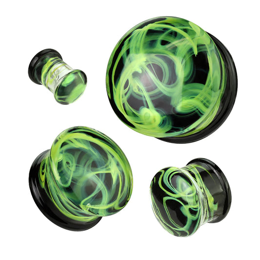 PAIR of Green Swirling Smoke Style Pyrex Glass Double Flare Plugs Body Jewelry