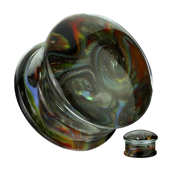 PAIR Rainbow Sparkle Swirls Design Pyrex Glass Plugs Gauges Body Jewelry