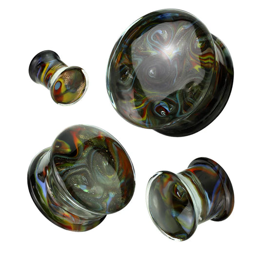 PAIR Rainbow Sparkle Swirls Design Pyrex Glass Plugs Gauges Body Jewelry