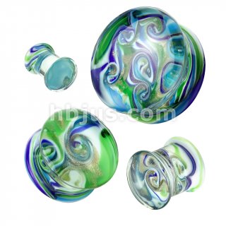 PAIR Green & Blue Swirl Design Pyrex Glass Plugs Gauge Body Ear Piercing Jewelry