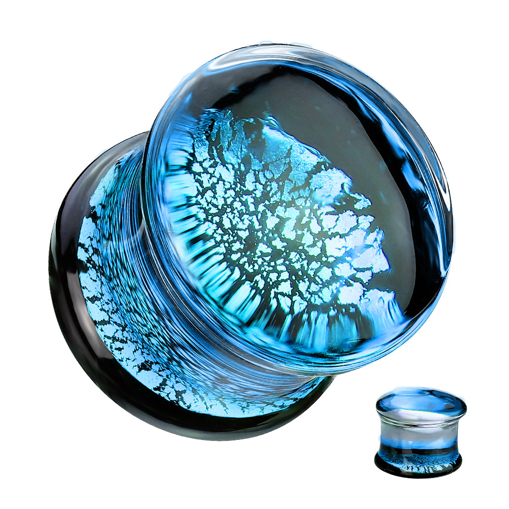 PAIR Blue Fracture Design Glass Plugs Double Flare Gauge Body Jewelry