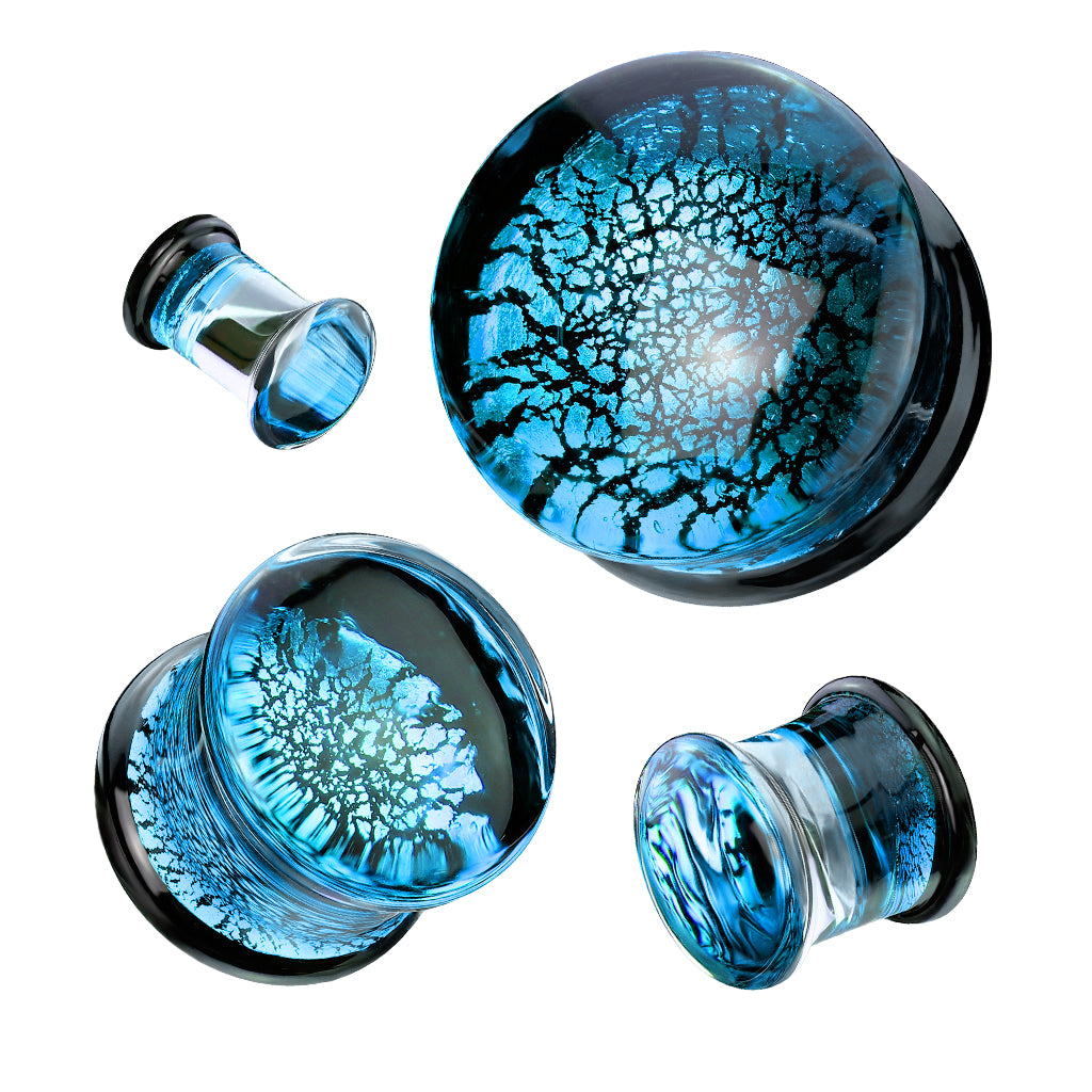 PAIR Blue Fracture Design Glass Plugs Double Flare Gauge Body Jewelry