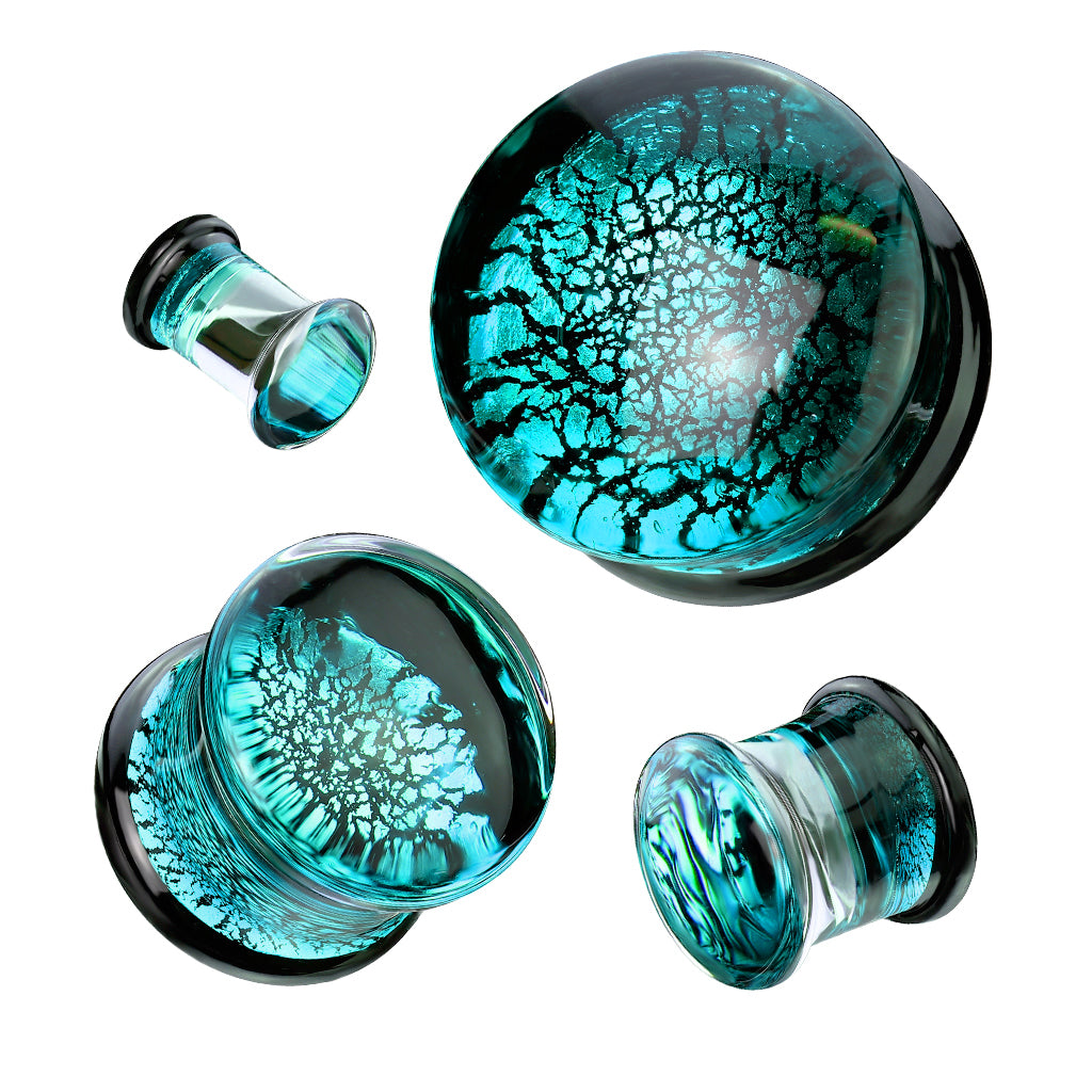 PAIR Aqua Fracture Design Glass Plugs Double Flare Gauges Body Jewelry