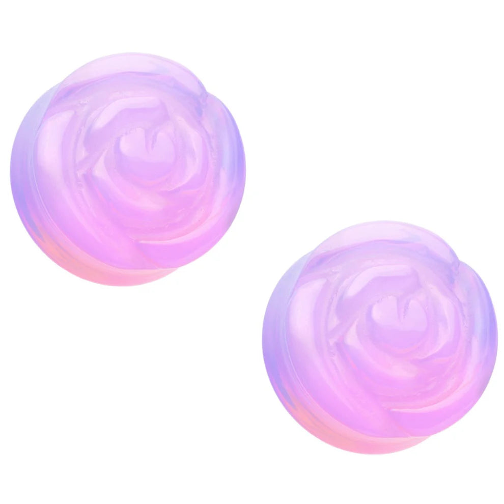 PAIR Lavender Opalite Carved Flower Double Flare Plugs Stone Glass Earlet Gauges