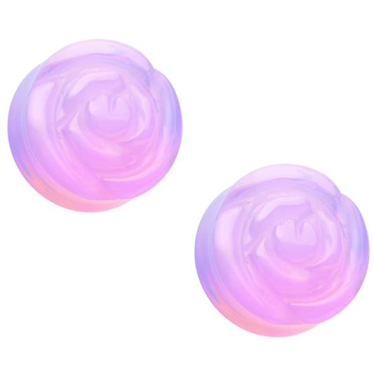 PAIR Lavender Opalite Carved Flower Double Flare Plugs Stone Glass Earlet Gauges