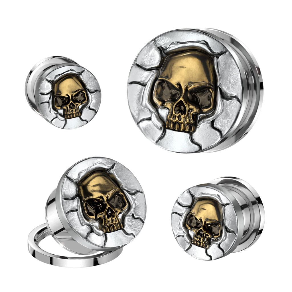 PAIR Bronze Crashing Skull Screw Fit Tunnels Earlets Gauges Plugs Body Jewelry