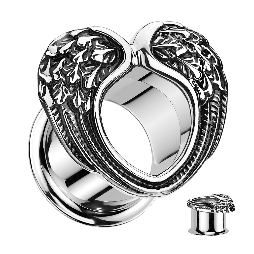 PAIR Heart Angel Wings Steel Double Flare Tunnels Plugs Earlet Gauges