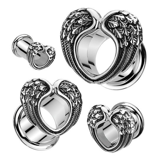 PAIR Heart Angel Wings Steel Double Flare Tunnels Plugs Earlet Gauges