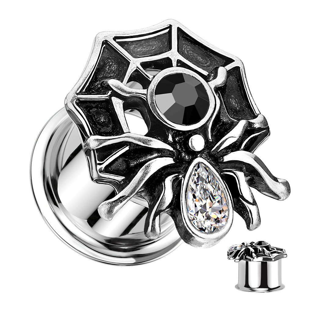 PAIR Gem Body Spider on Web Steel Double Flare Tunnels Plugs Earlet Gauges