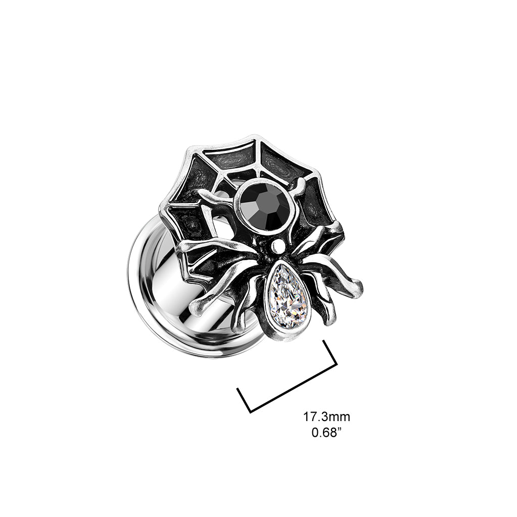 PAIR Gem Body Spider on Web Steel Double Flare Tunnels Plugs Earlet Gauges