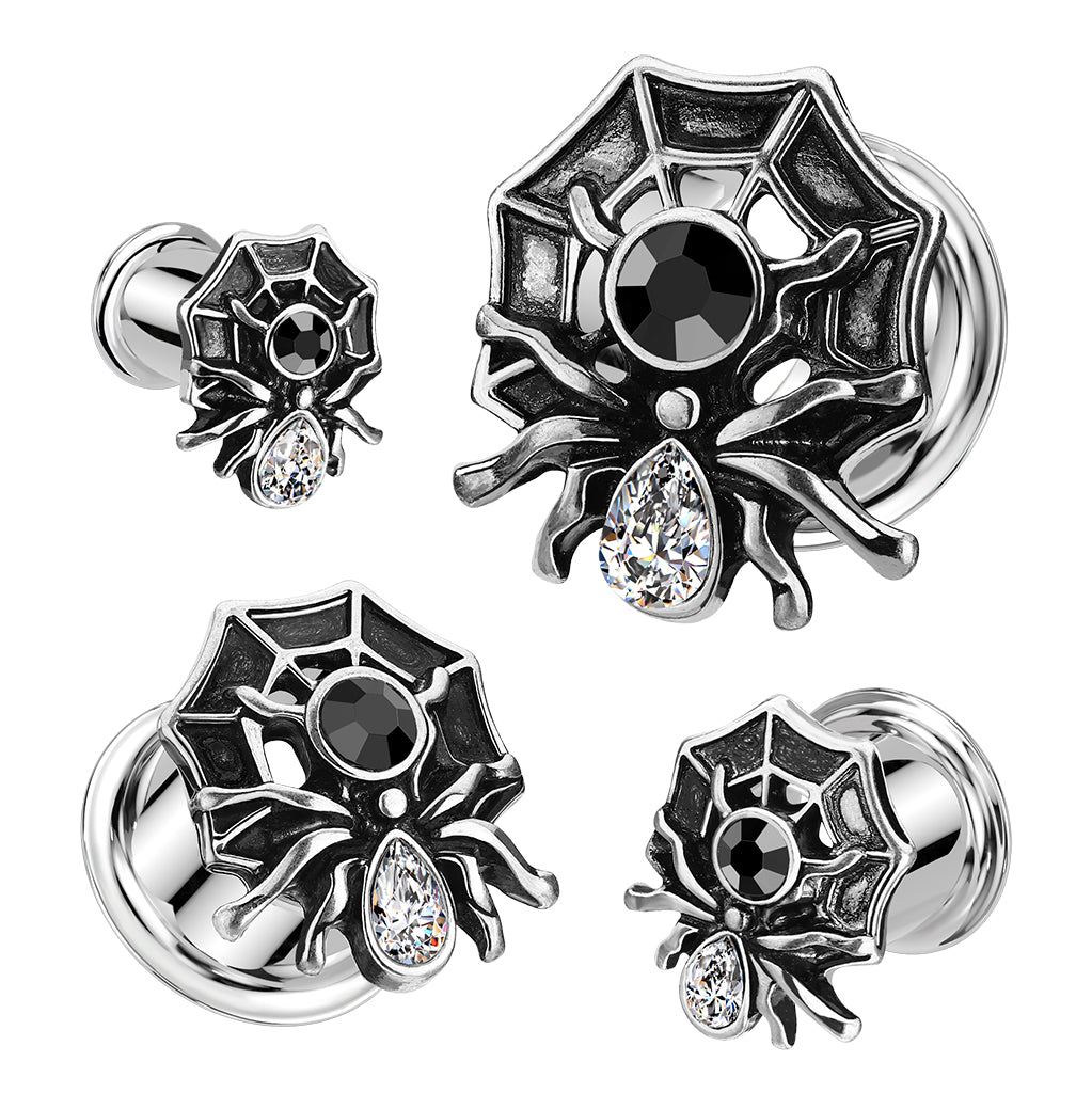 PAIR Gem Body Spider on Web Steel Double Flare Tunnels Plugs Earlet Gauges