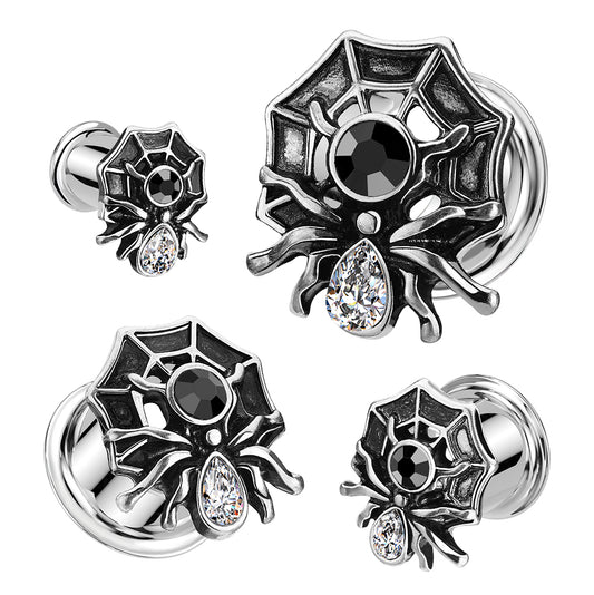PAIR Gem Body Spider on Web Steel Double Flare Tunnels Plugs Earlet Gauges
