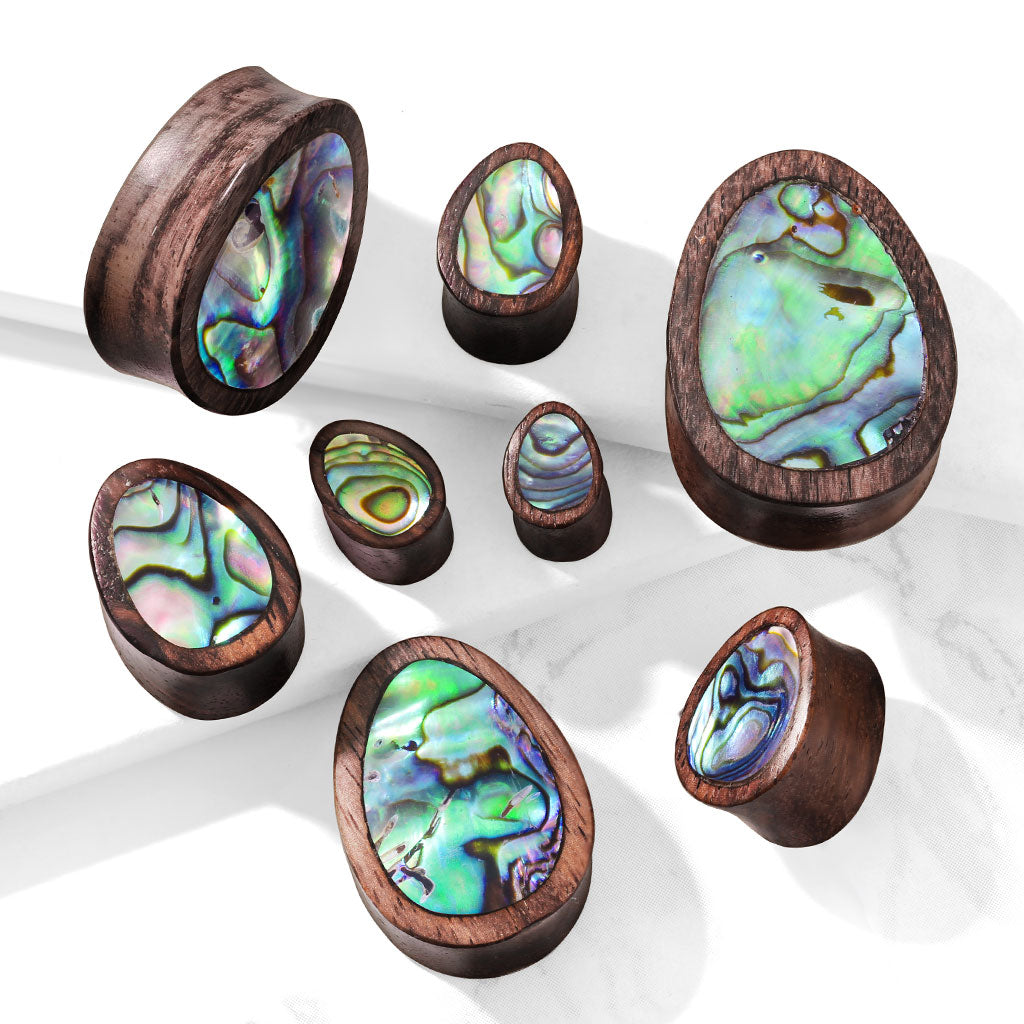 PAIR Abalone Shell Teardrop Sono Wood Saddle Plugs