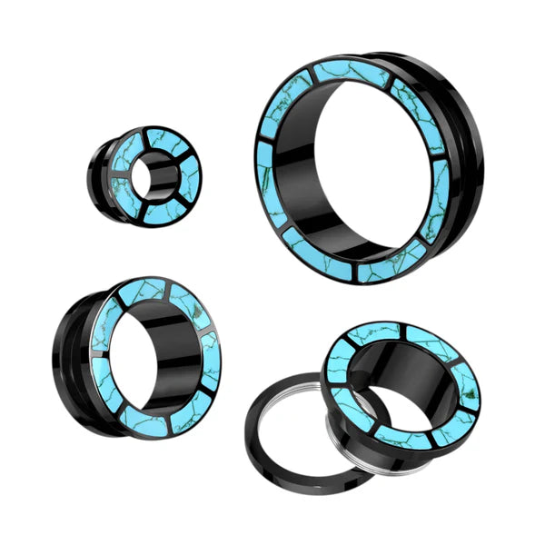 PAIR Turquoise Rimmed Black Screw Fit Tunnels Earlets Gauges Plugs Body Jewelry