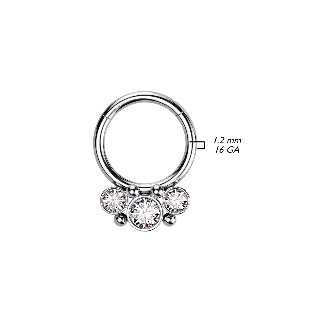 1pc Three Bezel Set Gems Hinged Segment Ring 16g Septum Clicker 316L Steel