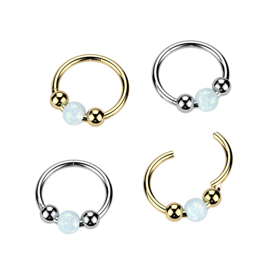 1pc Opal Ball Centered Hinged Segment Ring Steel Septum Hoop Helix Daith