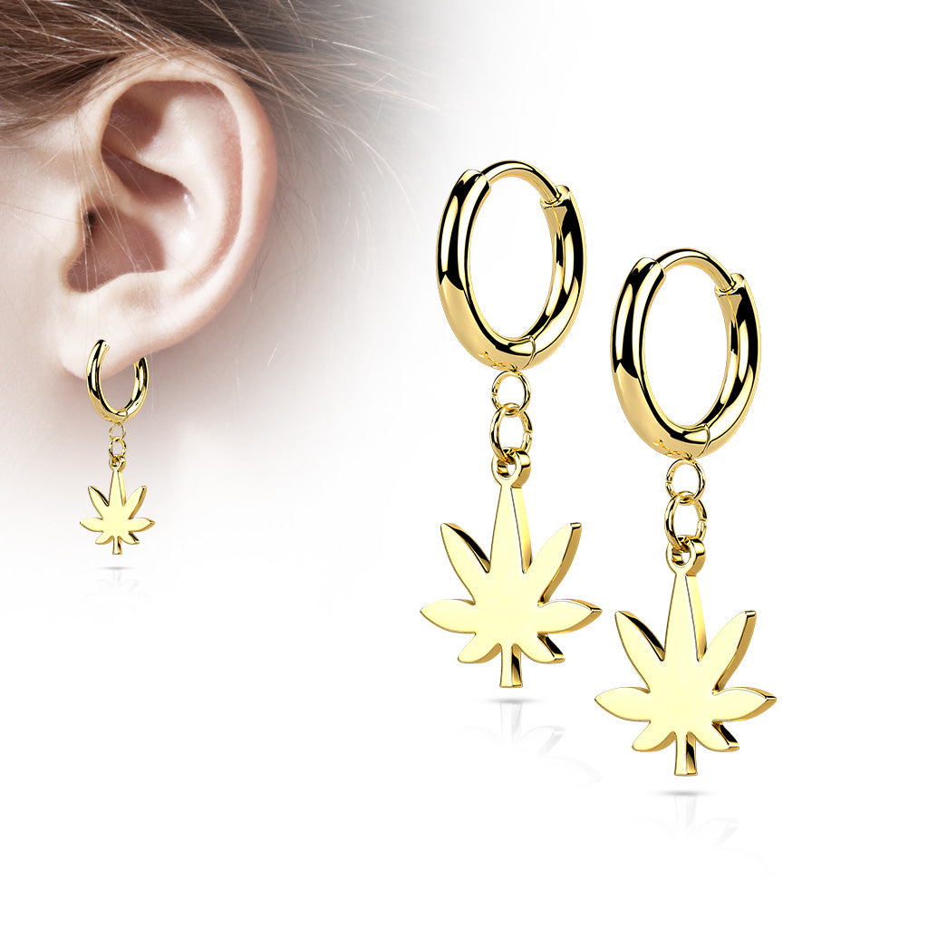 PAIR of Pot Leaf Dangle Hinged Hoop Earrings Huggies 18g 316L Stainless Steel