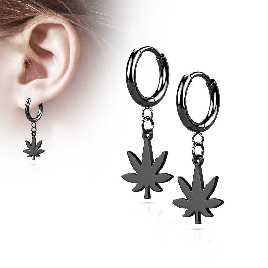 PAIR of Pot Leaf Dangle Hinged Hoop Earrings Huggies 18g 316L Stainless Steel