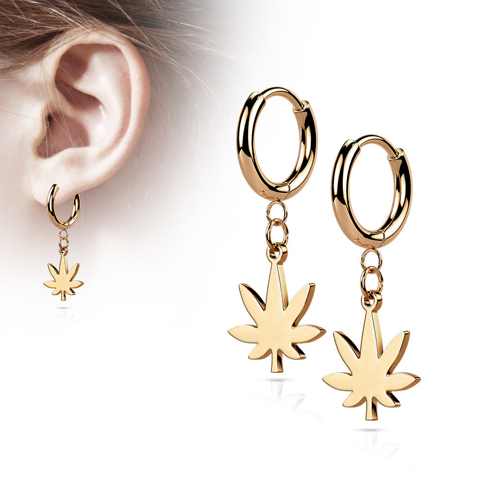 PAIR of Pot Leaf Dangle Hinged Hoop Earrings Huggies 18g 316L Stainless Steel
