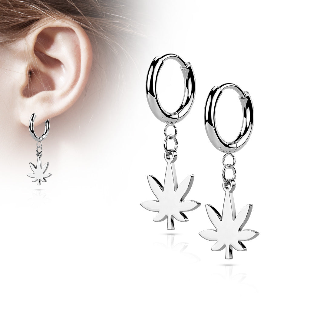 PAIR of Pot Leaf Dangle Hinged Hoop Earrings Huggies 18g 316L Stainless Steel