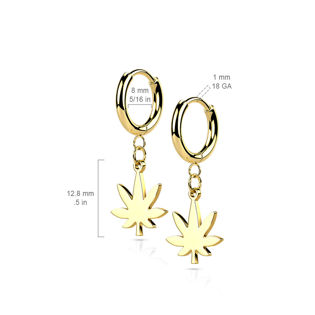 PAIR of Pot Leaf Dangle Hinged Hoop Earrings Huggies 18g 316L Stainless Steel