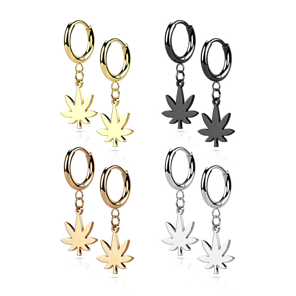 PAIR of Pot Leaf Dangle Hinged Hoop Earrings Huggies 18g 316L Stainless Steel