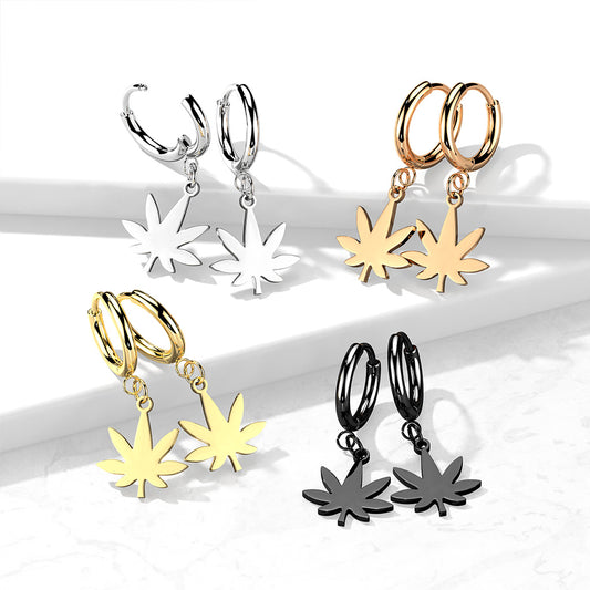 PAIR of Pot Leaf Dangle Hinged Hoop Earrings Huggies 18g 316L Stainless Steel
