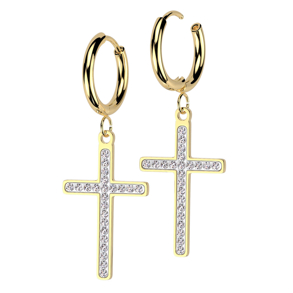 PAIR Dangling Cross Hoop Earrings 316L Stainless Steel Hinge Action 18g